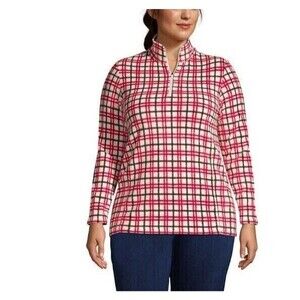 Lands End Woman's Fleece Plus Size Hoodie Red White Plaid 1/4 Zip Pullover Sz 18